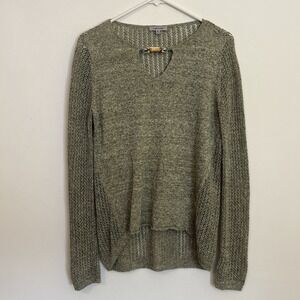 Lisa Todd M Linen Sweater Open Knit Sleeves and Back Brown Tan Keyhole Luxury